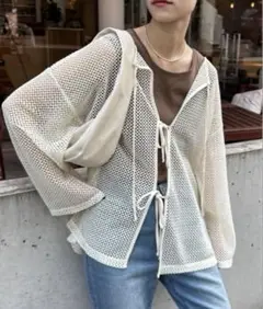 チャオパニックティピー 2WAY コットン メッシュ編み リボン カーディガン
