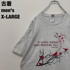 古着 GILDAN ギルダン Tシャツ 小鳥 音符 メロディ 詩篇 グレーXL