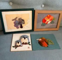 ハンドメイド 置物 壁掛け 切り布 花 フクロウ ブドウ の アート