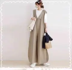 オールインワン ワイドパンツ サロペット リネン ゆったり とろみ感 ベージュ