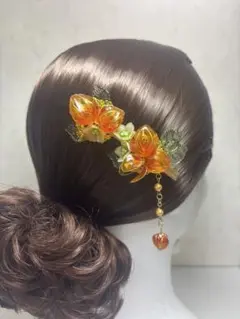 お花の髪飾り レジン ディップフラワー クリップ ほおずき 鬼灯 No.227