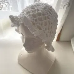 ハンドメイド　ホワイト かぎ針編み 帽子　バケットハット　透かし編み