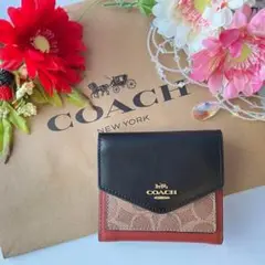 COACH コーチ 三つ折り財布 ベージュ シグネチャー ブラック