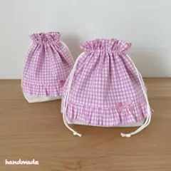 ハンドメイド　お弁当袋＆コップ袋　ギンガムチェックピンクフリルリボン