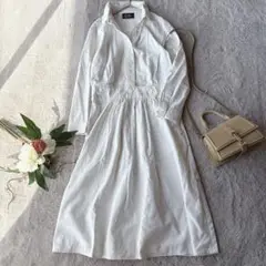 美品(S)リネン長袖シャツワンピース/麻/ヒザ丈/フレア/ギャザー/アイボリー