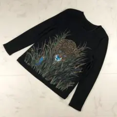 美品 伊太利屋 ウールニット プリントデザイン ヒョウ 黒サイズ11*QB986