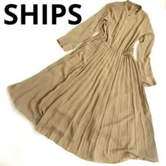 SHIPS ベージュ プリーツ 長袖 シャツワンピース