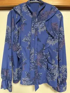 セモアージュ　青 花柄 長袖ブラウス フリル付き