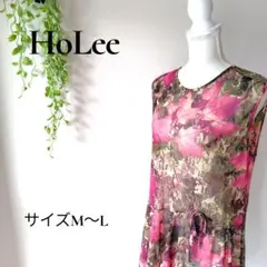 b2367　HoLee チュニックノースリーブ　シースルー　花柄英字　M-L