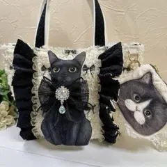 コヤンイサムチョン♡黒猫のリボン刺繍のボアトートバッグ♡ミニポーチ付き