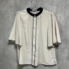 natural couture パール釦ポイントバイカラーフレア5分袖ブラウス