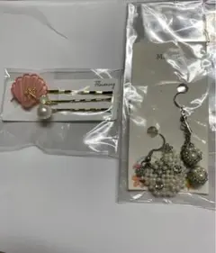 ハンドメイド猫ピアス&髪留め3点セット・貝殻・肉球
