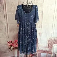 mysty woman　星　ワンピース　プリーツ　前開き　シフォン　春夏　夜空