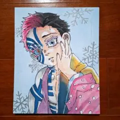 鬼滅の刃　猗窩座　狛治　恋雪　ファンアート　キャンバスボード　水彩