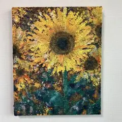 アクリル画 花 ヒマワリ　夏　青　黄色　テクスチャーアート　原画　一点もの How to draw [Sunflower / Summer sky] with acrylic paint