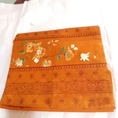 正絹 名古屋帯 金彩入り刺繍 花柄に幾何学模様 オレンジ 美品