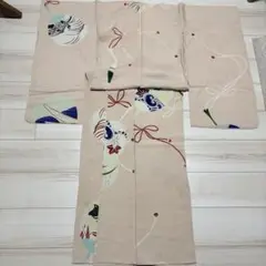 正絹 アンティーク着物 絽 小紋 団扇に千鳥紋様