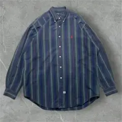 90s ラルフローレン BDシャツ L 薄めネイビーストライプビンテージ6199