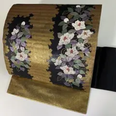 【着】9563m 九寸名古屋帯 銀糸 高島織物 青銅箔 花文様
