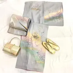 【S29】着物 訪問着・付下 袷 正絹 万寿菊 箔散らし 紗綾形 単品販売♪