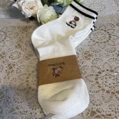 テディベア刺繍ホワイトソックス3足セット