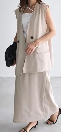 【セットアップ】リネンライクノーカラーダブルボタンジレ＆タイトスカートセット