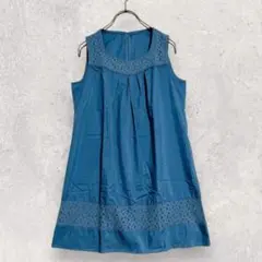 ノースリーブワンピース 36 刺繍デザイン エメラルド 綿100％【3051】