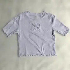 紫と白ストライプ 蝶刺繍 半袖Tシャツ　H&M