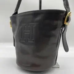 【美品】ヒロフ レザー ハンドバッグ バケツ型 型押しロゴ ブラウン