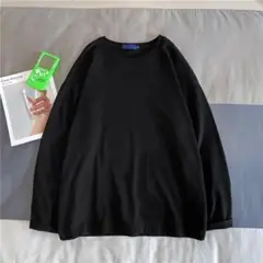 【2XL ブラック】メンズ、秋、冬、春、カジュアル、長袖、無地、丸首、大きい