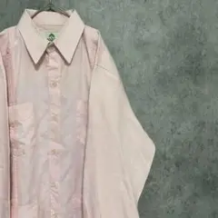 90S リネン 麻 キューバシャツ ピンク 長袖 メンズ L 古着 レア A3