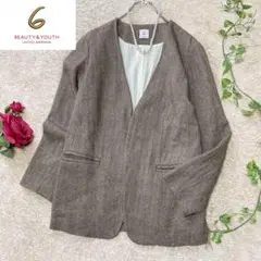 美品♡ 6(ROKU) ノーカラージャケット リネン混 ヘリンボーン ブラウン