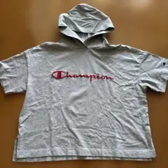 Champion フード付きグレーTシャツ 刺繍ロゴ