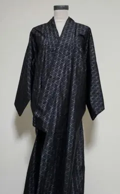 紺　波模様 着物　紬　単衣