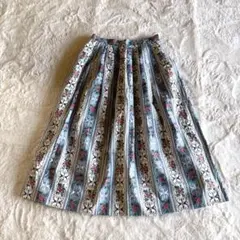SANYO 綿100% 花柄タックスカート　ロングスカート　青　薔薇