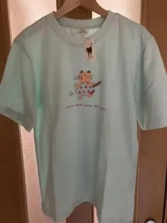 水色 猫刺繍 Tシャツ　飛行船