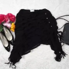 Y5570*最高級☆極上カシミヤ☆シルク☆フリル☆デザイン☆ポンチョ☆黒ブラック