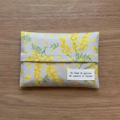 491. ポケットティッシュケース　ミモザ柄グレー　ハンドメイド