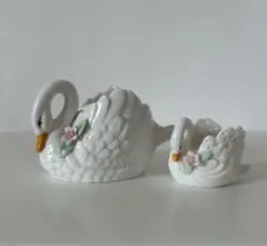 白鳥　スワン　陶器　シュガーポット薔薇モチーフ　小物入れ　スワンの置物　親子ペア