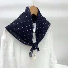 ネイビー ドット柄 リネン100%スカーフ　約70cm 男女通用　オーシーズン