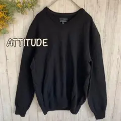 【冬物セール】ATTITUDE ブラック Vネックニット
