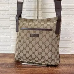 グッチ GG キャンバス×レザー ショルダー バッグ ポシェット ブラウン