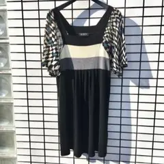 COMME CA/膝丈 異素材切替ベルスリーブ カットソー フレアワンピース■黒