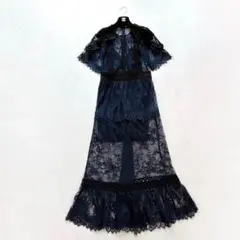 【セルフポートレート】ロングドレスワンピース　レース刺繍　花柄　ネイビー　UK8