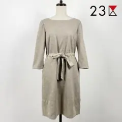 美品 23区 ウエストリボン 七分袖膝丈ワンピース グレージュ 38*QB4