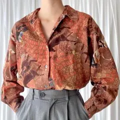 ヴィンテージ 総柄 クラシカル 柄シャツ ブラウス 古着 レトロ A479