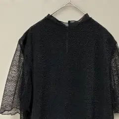 fabius メッシュ＆シフォンブラウス(M)ブラック透け感大人フェミニン五分袖