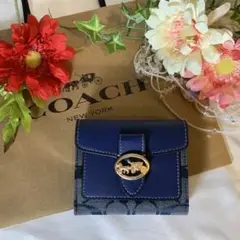 COACH コーチ 二つ折り財布 デニム ブルー カラーブロック