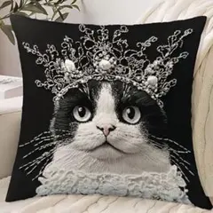 新品 クッションカバー 刺繍風 プリント 猫 王冠ネコ 動物 リアル かわいい