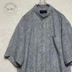 バンドカラー　ストライプ　半袖シャツ　白　黒